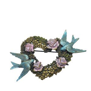 JJ Brooch Pin Love Birds On Heart Womens Sweet Little C Clasp Charming Jewelry